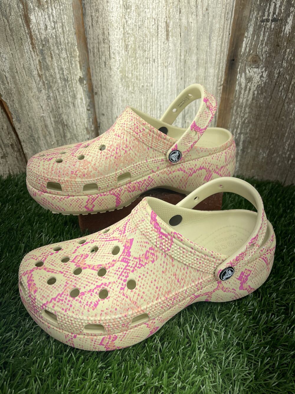 CROCS Classic Snake Pink Beige Platform Clogs Women's 9